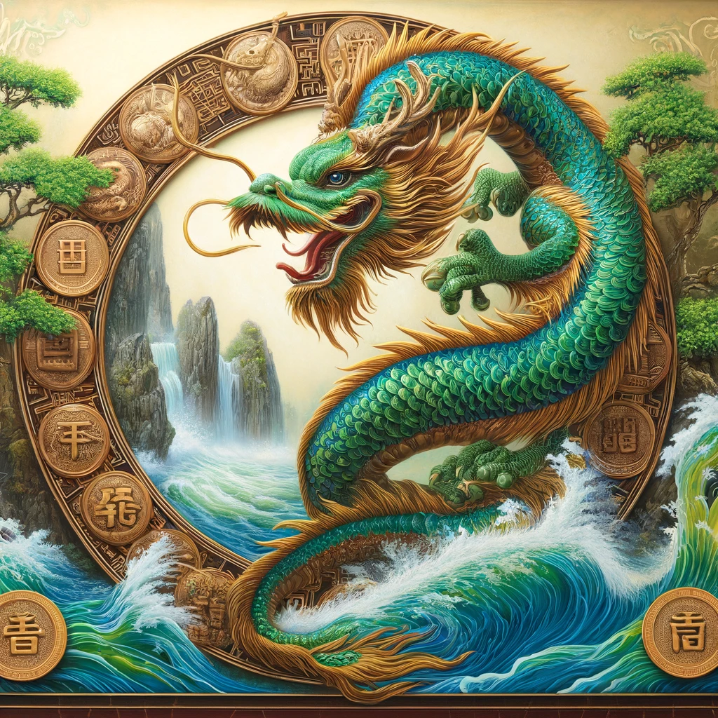 dallc2b7e 2024 04 03 22 54 43 an intricate and realistic painting depicting the dragon zodiac sign thin in a feng shui style the dragon is elegantly coiled its scales shimmerin