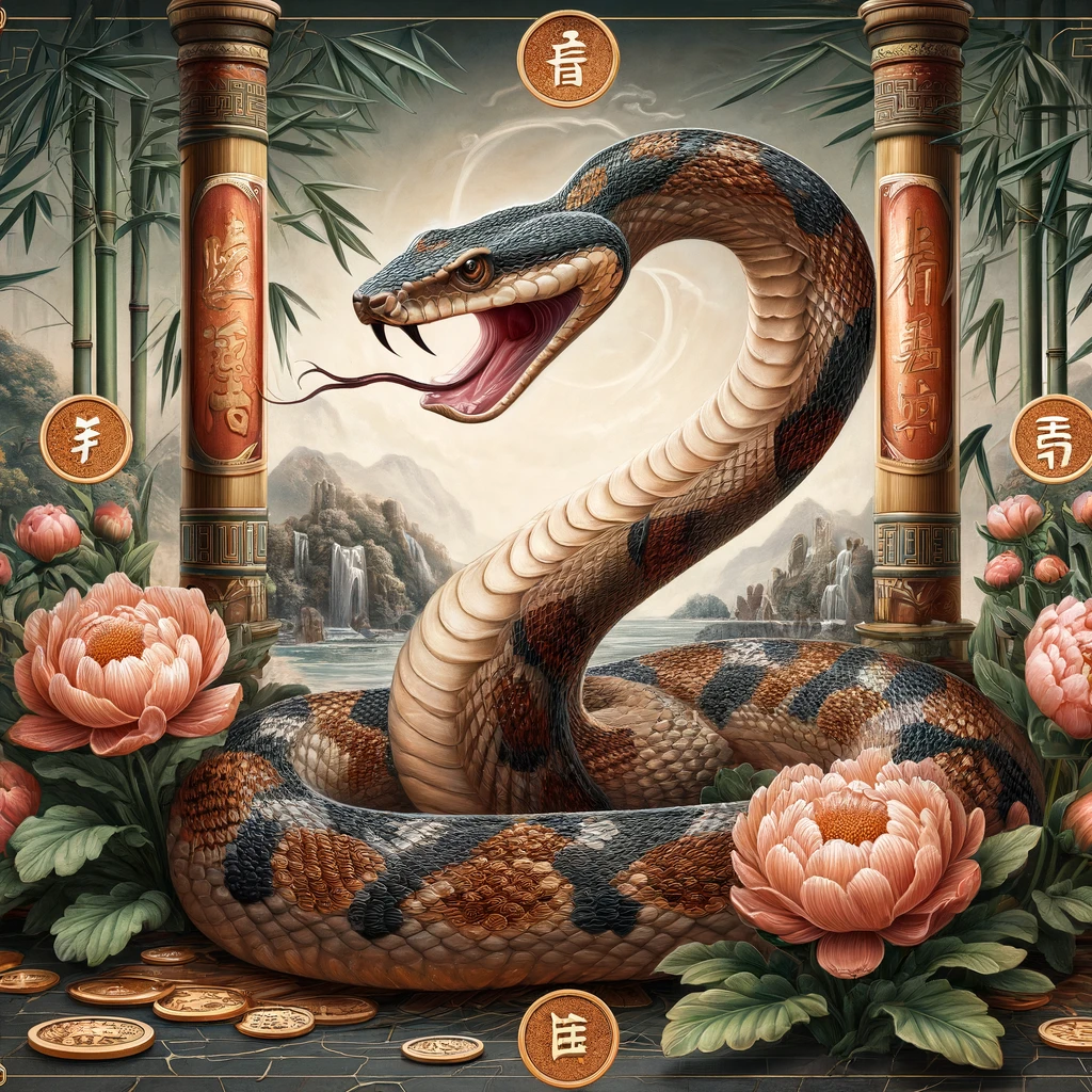 dallc2b7e 2024 04 03 22 55 17 a highly detailed and realistic illustration of the snake zodiac sign ty in feng shui style the snake is depicted in a serene and elegant posture