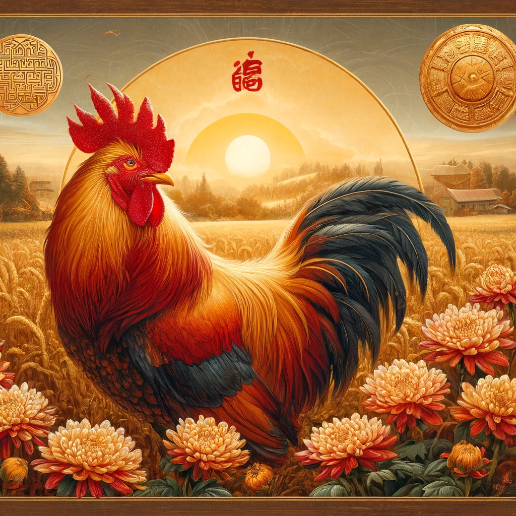 dallc2b7e 2024 04 03 22 55 30 an authentic and detailed painting showcasing the rooster zodiac sign dau in a feng shui style the rooster stands tall and proud with feathers tha
