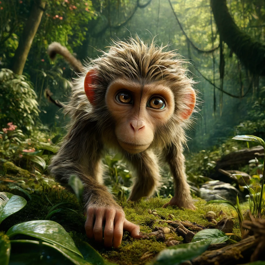 dallc2b7e 2024 04 03 23 15 14 create a hyper realistic image of a monkey in its natural habitat capturing the essence of its playful and intelligent nature the monkey with its e