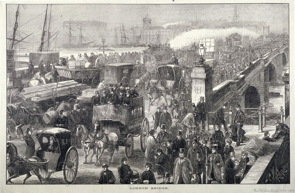 Cầu London năm 1872 tràn ngập ngựa, xe ngựa và người đi bộ. Ngay từ năm 1756, các quy tắc đã được ban hành ở London để điều chỉnh giao thông trên làn đường. 