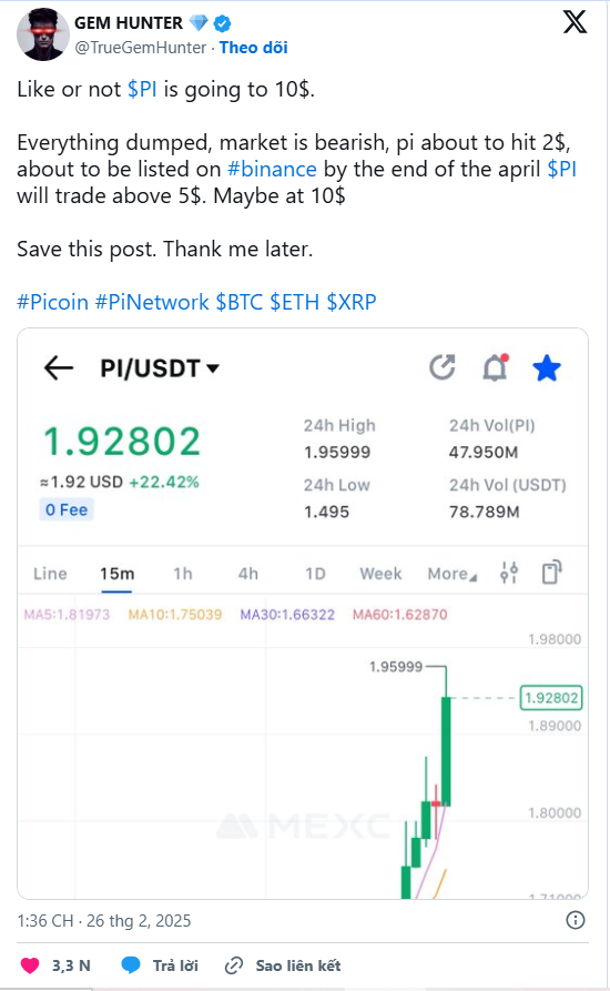 PI Coin có thể đạt 10 USD nếu được Binance niêm yết vào tháng 3/2025 6 bai dang cua gem hunter