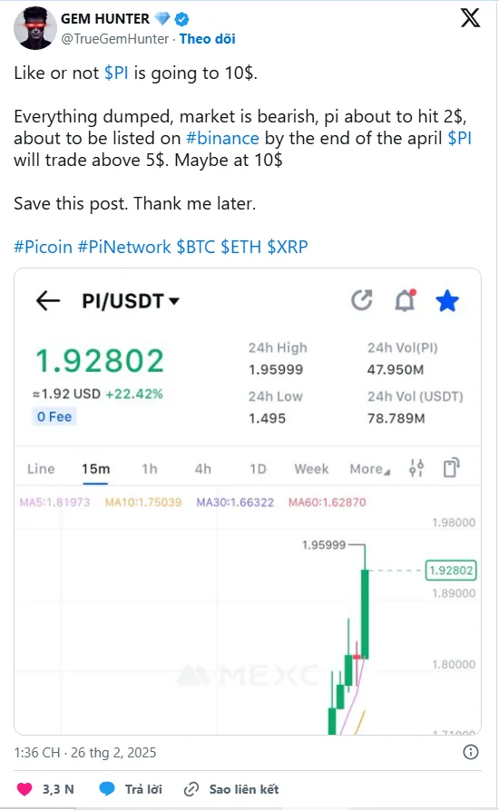 PI Coin có thể đạt 10 USD nếu được Binance niêm yết vào tháng 3/2025 3 bai dang cua gem hunter